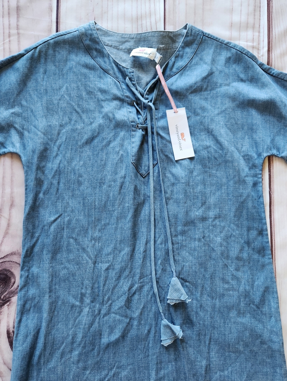 NWT Vineyard Vines "Chambray Flutter Sleeve Lace Up Dress" Blue, Women's Size 0 - Picture 5 of 9